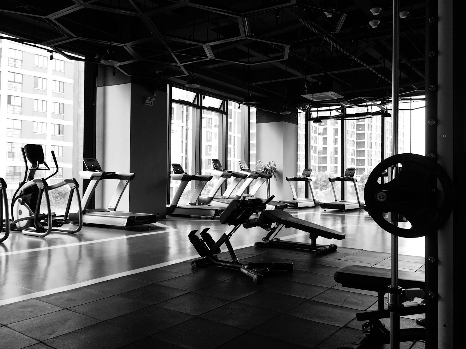 Industrielles Gym mit Gewichten und Fenstern zur Stadt