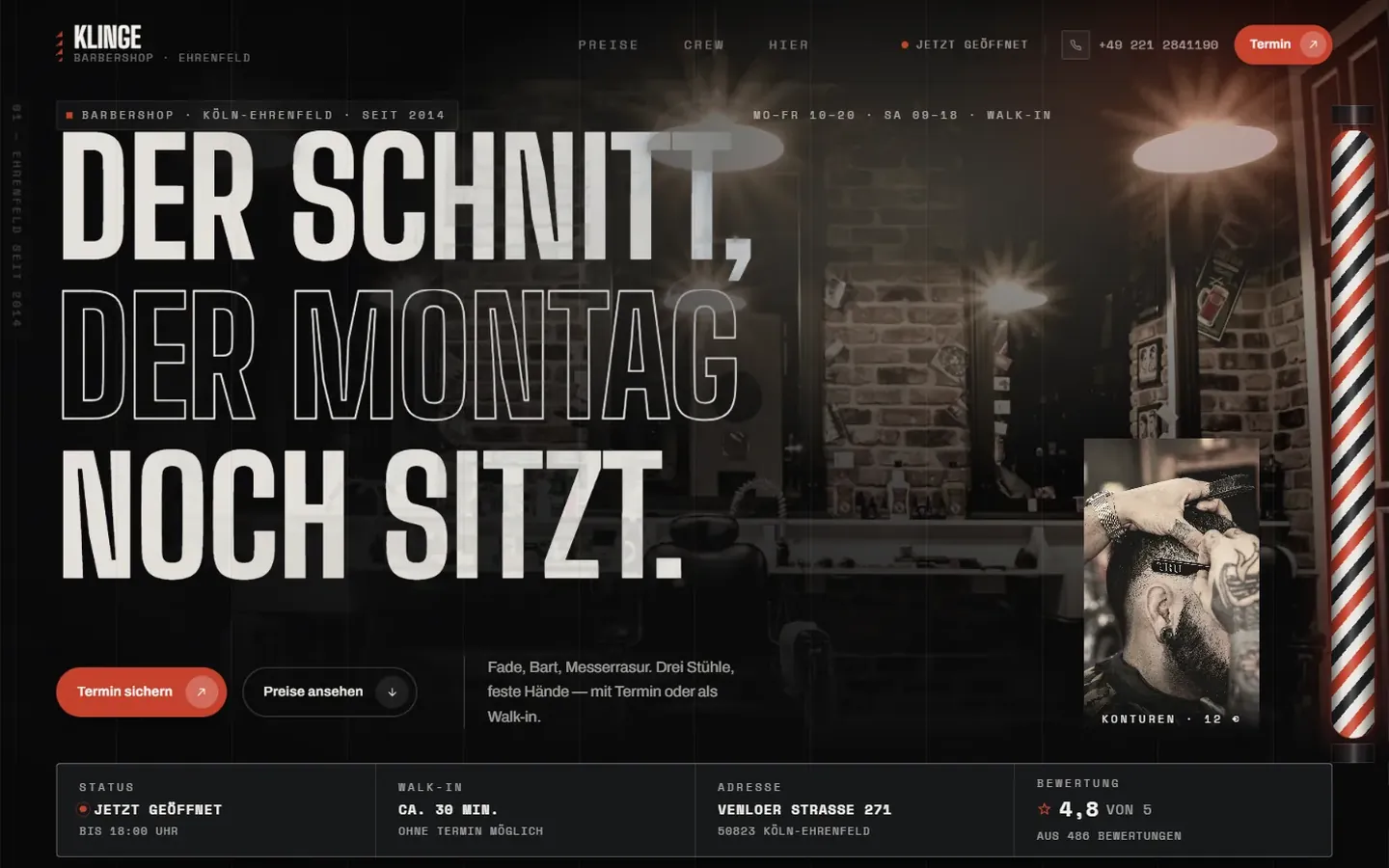 Startseite von KLINGE: Barbershop im Halbdunkel, große Schrift „Der Schnitt, der Montag noch sitzt“, rechts eine Barbierstange