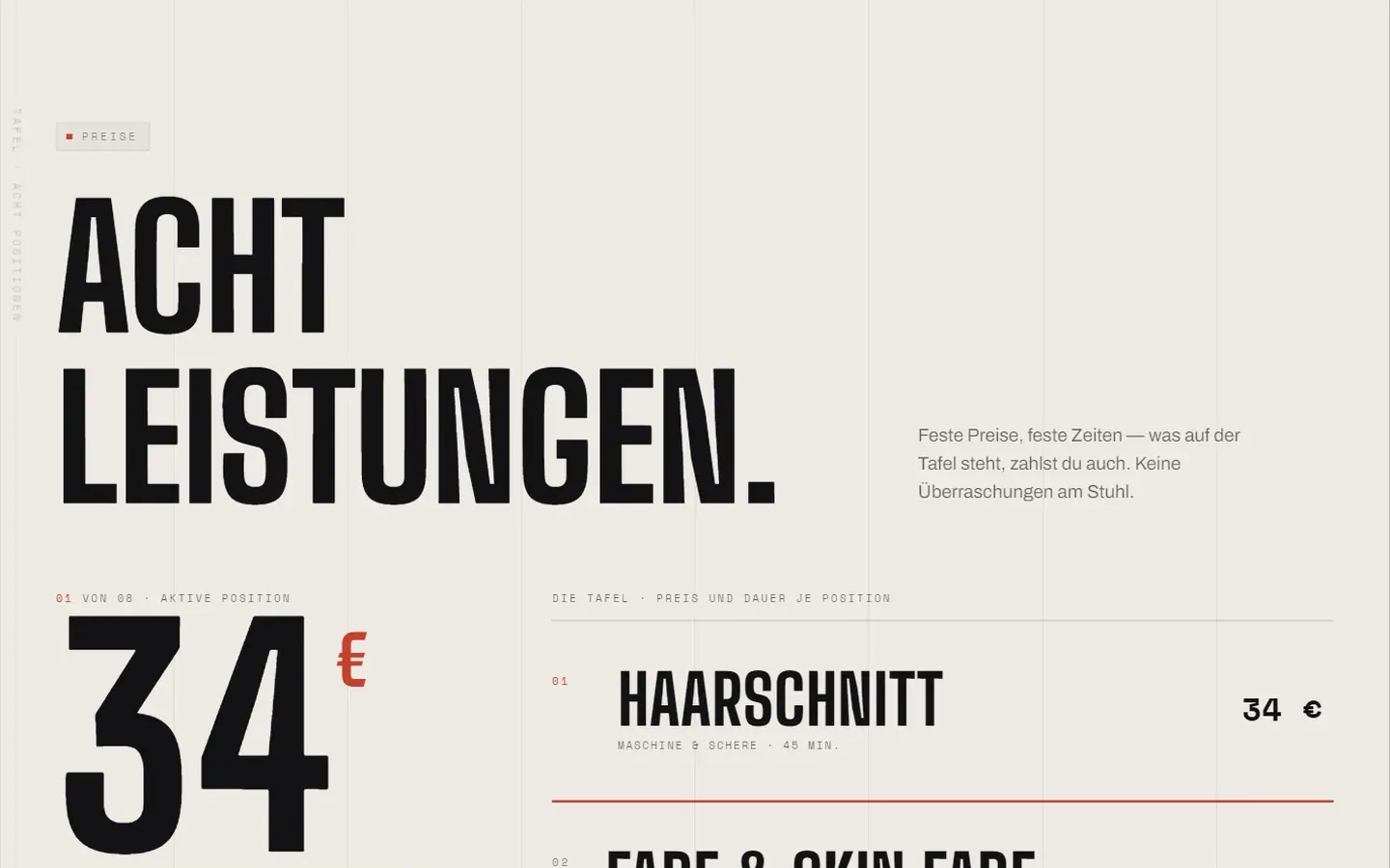 Preistafel „Acht Leistungen“ mit großer Preisanzeige und Liste der Leistungen