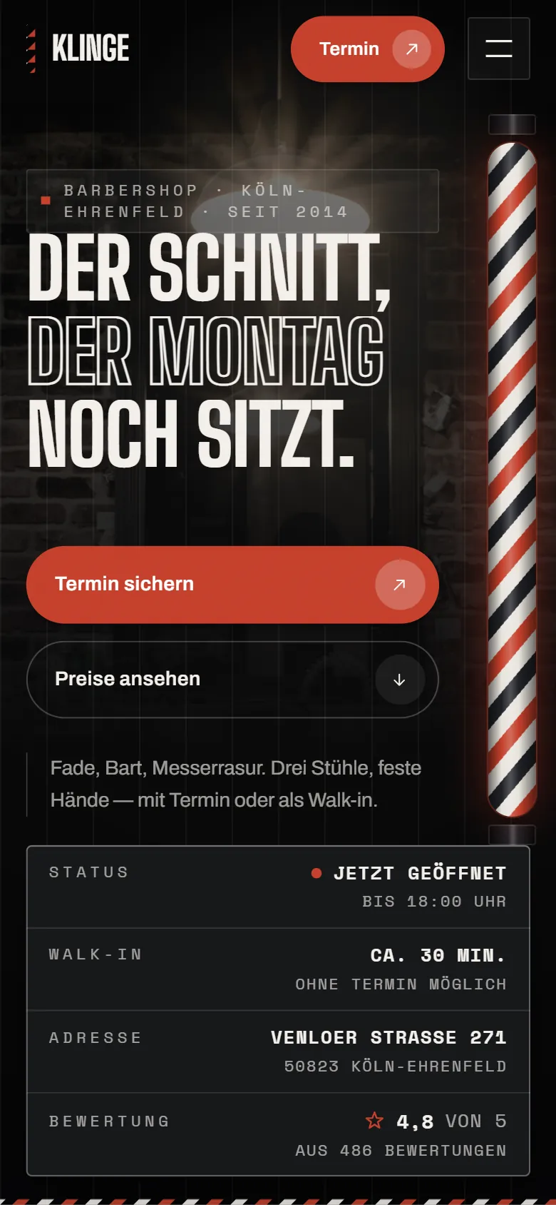 Startseite von KLINGE auf dem Handy mit Status und Termin-Knopf