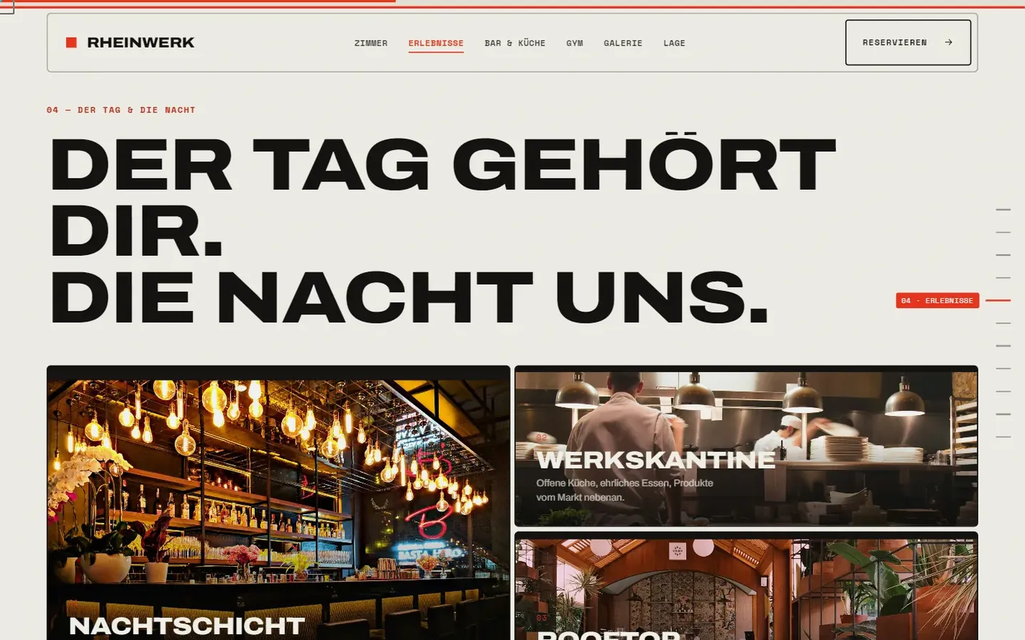 Bereich „Der Tag gehört dir, die Nacht uns“ mit Kacheln für Bar, Küche und Rooftop