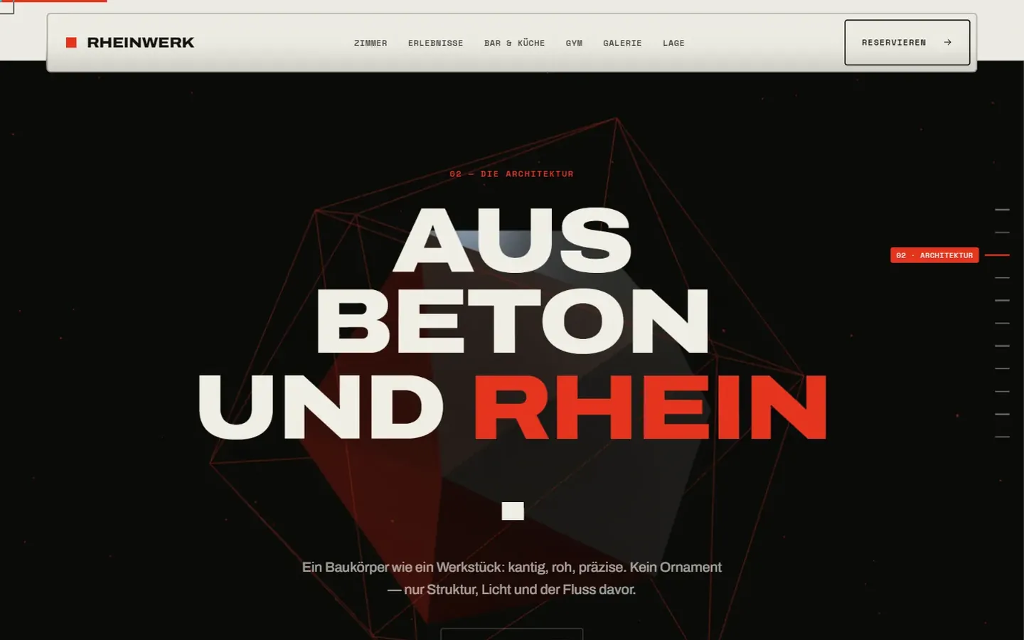 Bereich „Aus Beton und Rhein“ mit einem dreidimensionalen Betonkörper im roten Drahtgitter