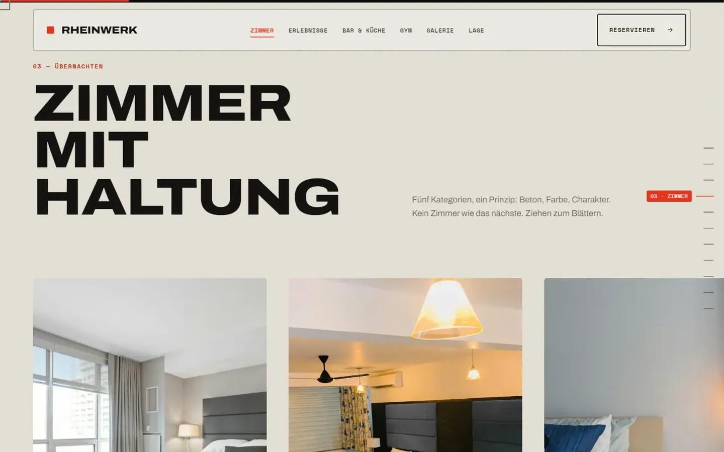 Zimmerbereich „Zimmer mit Haltung“ mit seitlich blätternder Bildergalerie