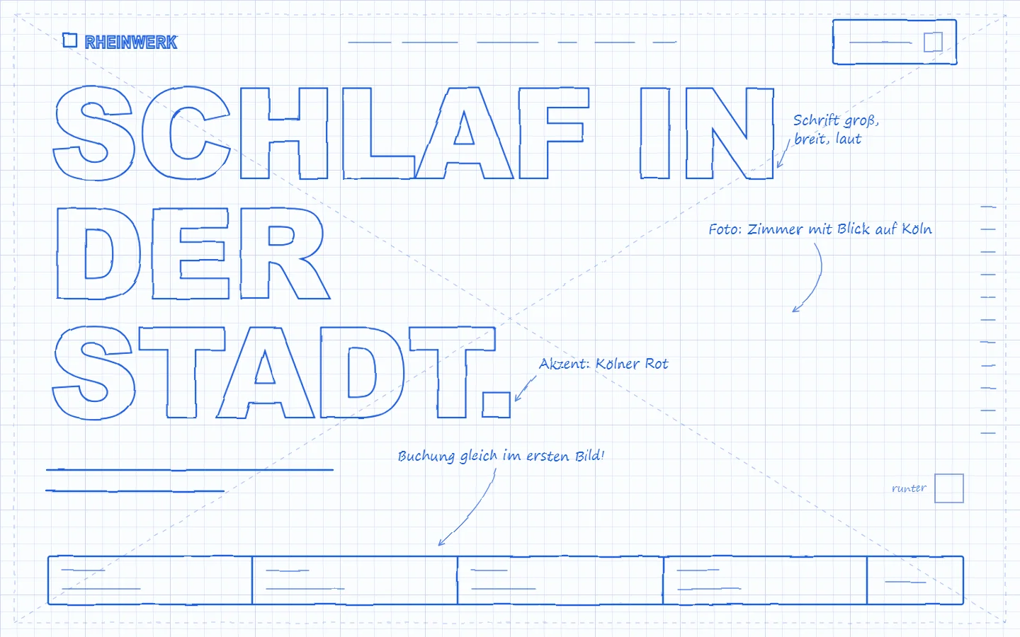 Entwurf von RHEINWERK: blaue Skizze auf Karopapier mit Notizen zu Schrift, Foto und Buchungsleiste