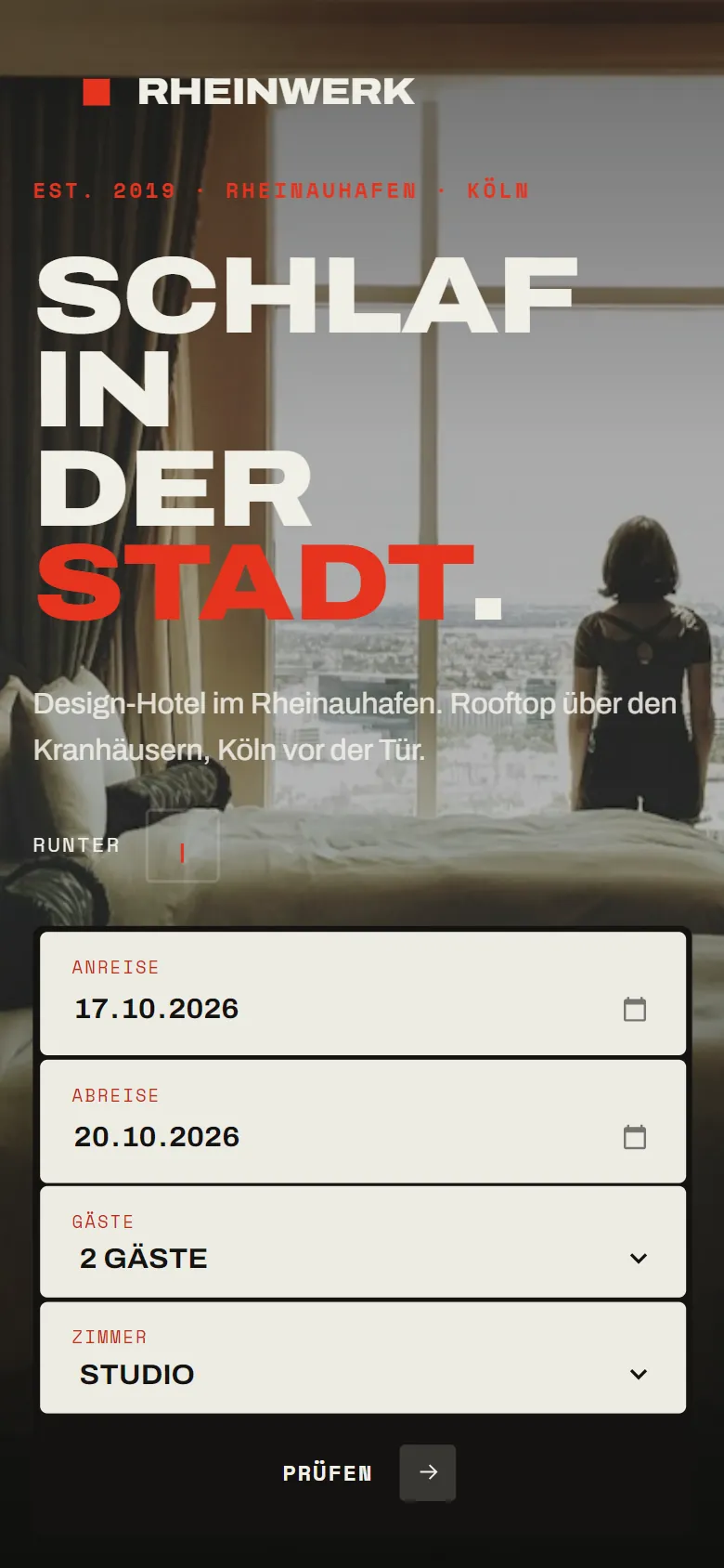 Startseite von RHEINWERK auf dem Handy mit Buchungsfeldern