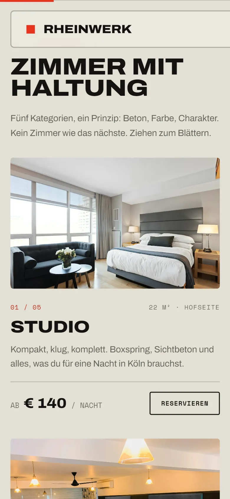 Zimmerbereich von RHEINWERK auf dem Handy mit Preis pro Nacht